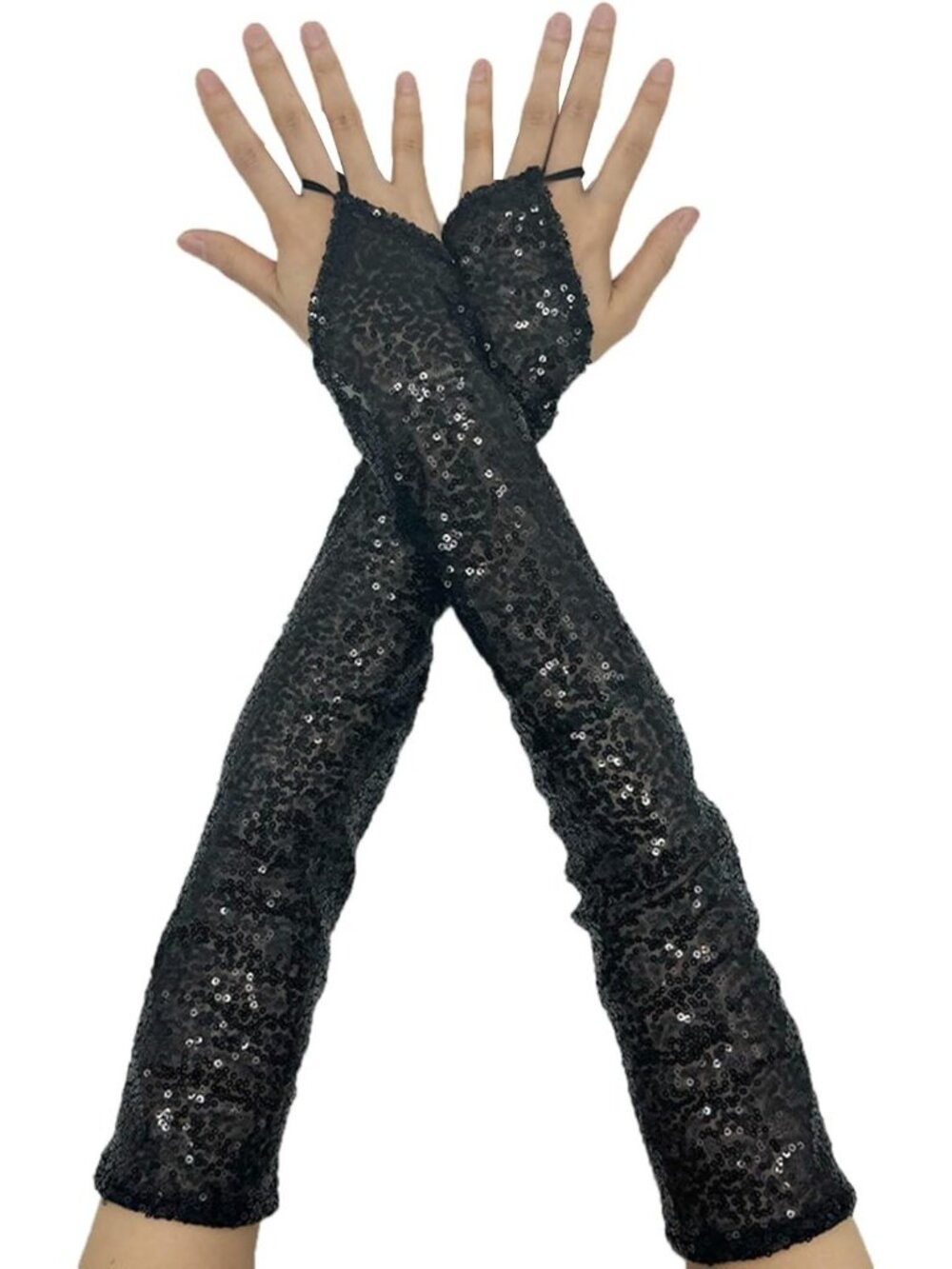 Black Sequin Fingerless Opera Gloves – Long Sparkly Evening Gloves for Women